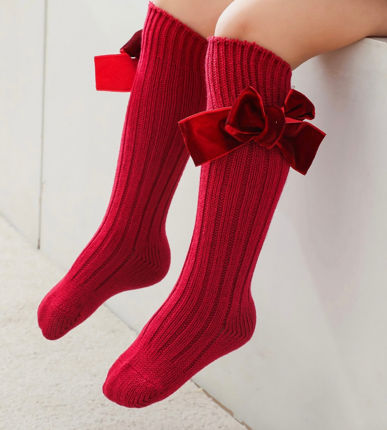 Red Velvet Ribbon Bow Socks